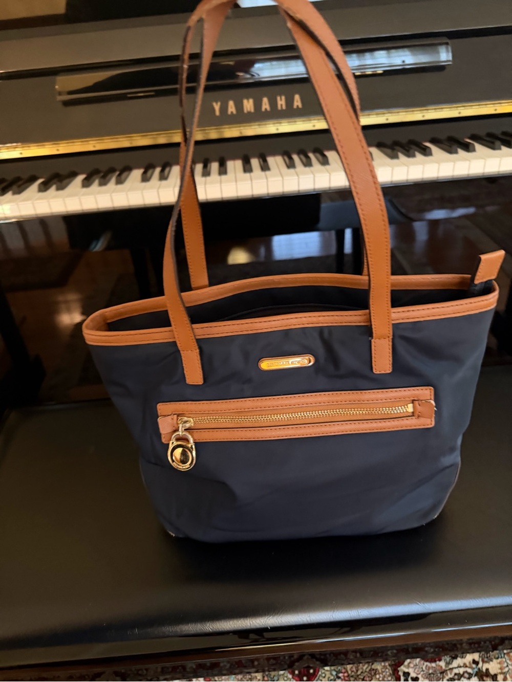 Michael Kors Navy and Tan Nylon Tote with Front Zip Pocket